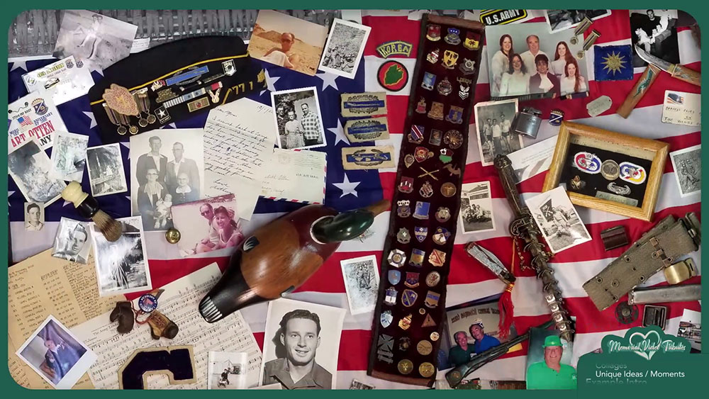A physical collage of family photos prepared for a memorial tribute