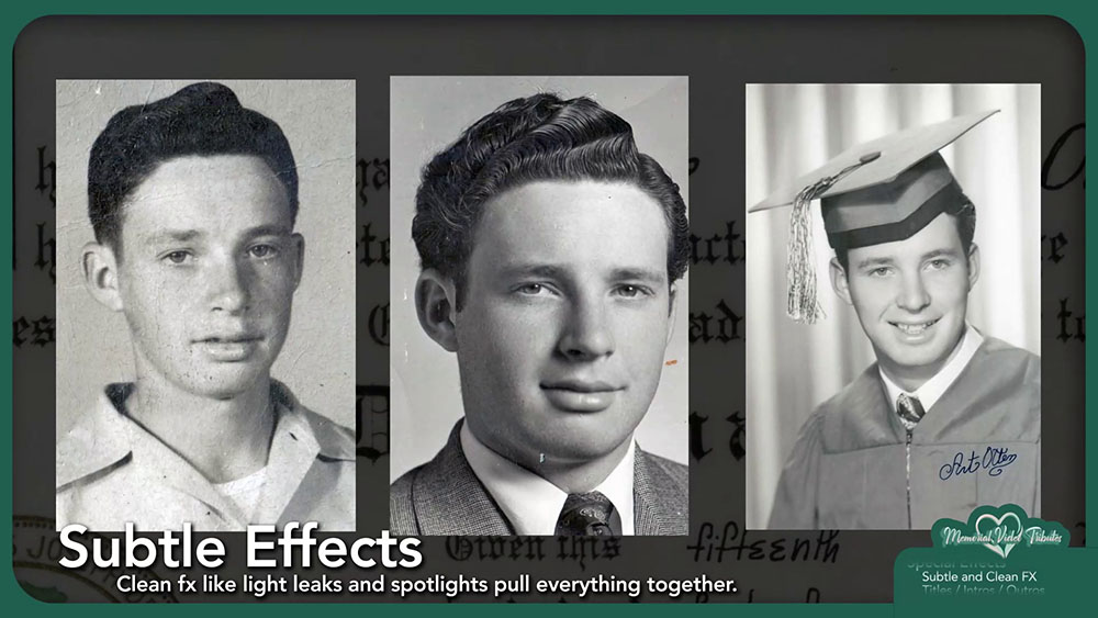 Custom memorial video title and subtle effects examples
