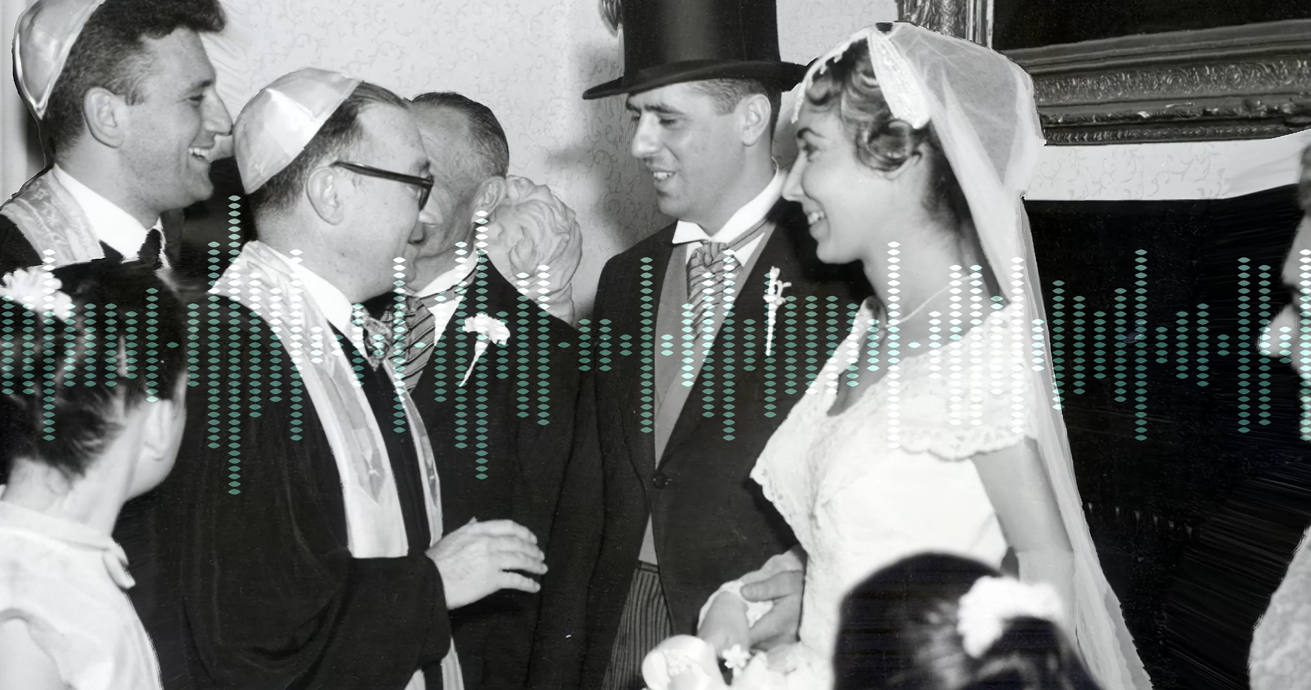 Audio wave graphic layered over an old family photograph